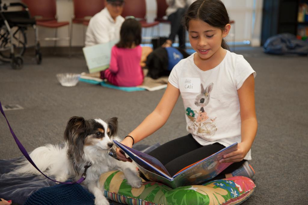 Cali reading to Napoleon the dog