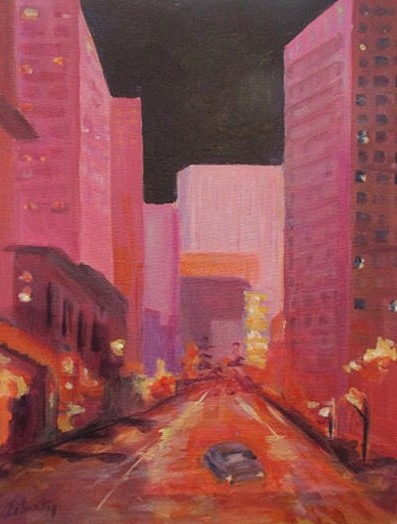 Painting of a car driving through a city at night