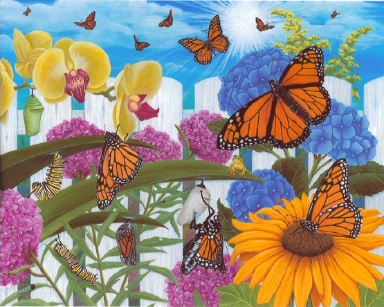 Painting of monarch butterflies taking flight surrounded by flowers with a white picket fence behind them