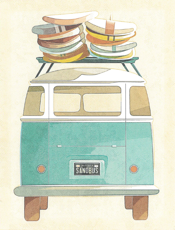 Lithograph of a VW bus with surfboards on top