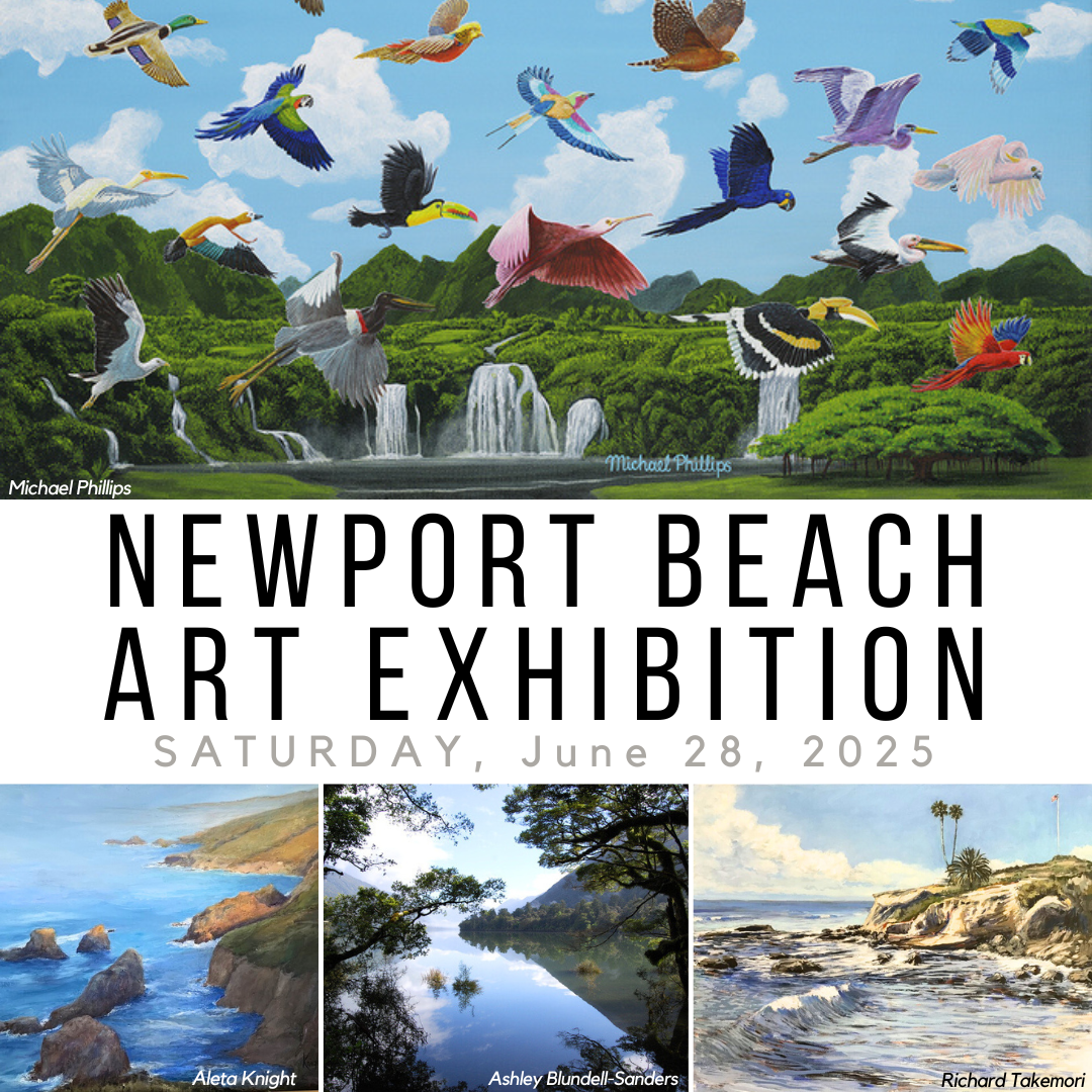 Artist credit (top): Michael Phillips, "Birds Not of a Feather Flocking Together", (bottom left to right): Aleta Knight, "Destination"; Ashley Blundell-Sanders, "Alabaster"; Richard Takemori, "Laguna Beach (2)"