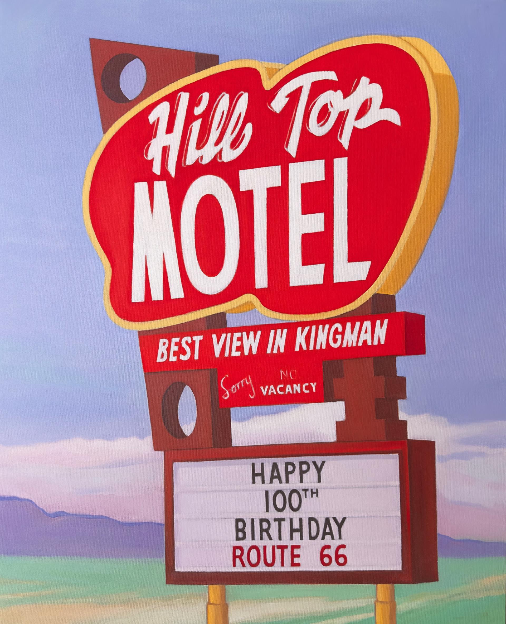 Painting of the sign for Hill Top Motel on Route 66 by Joan Gladstone