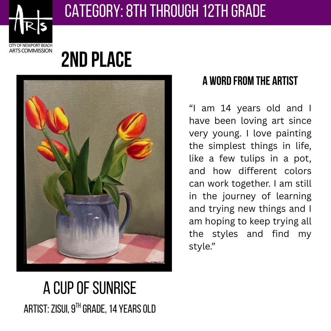 Detailed oil still life painting of red and yellow tulips in a blue vase.