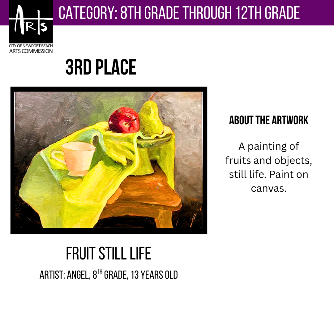 Detailed oil painting of an apple, pear, and teacup on a table with a green drape.