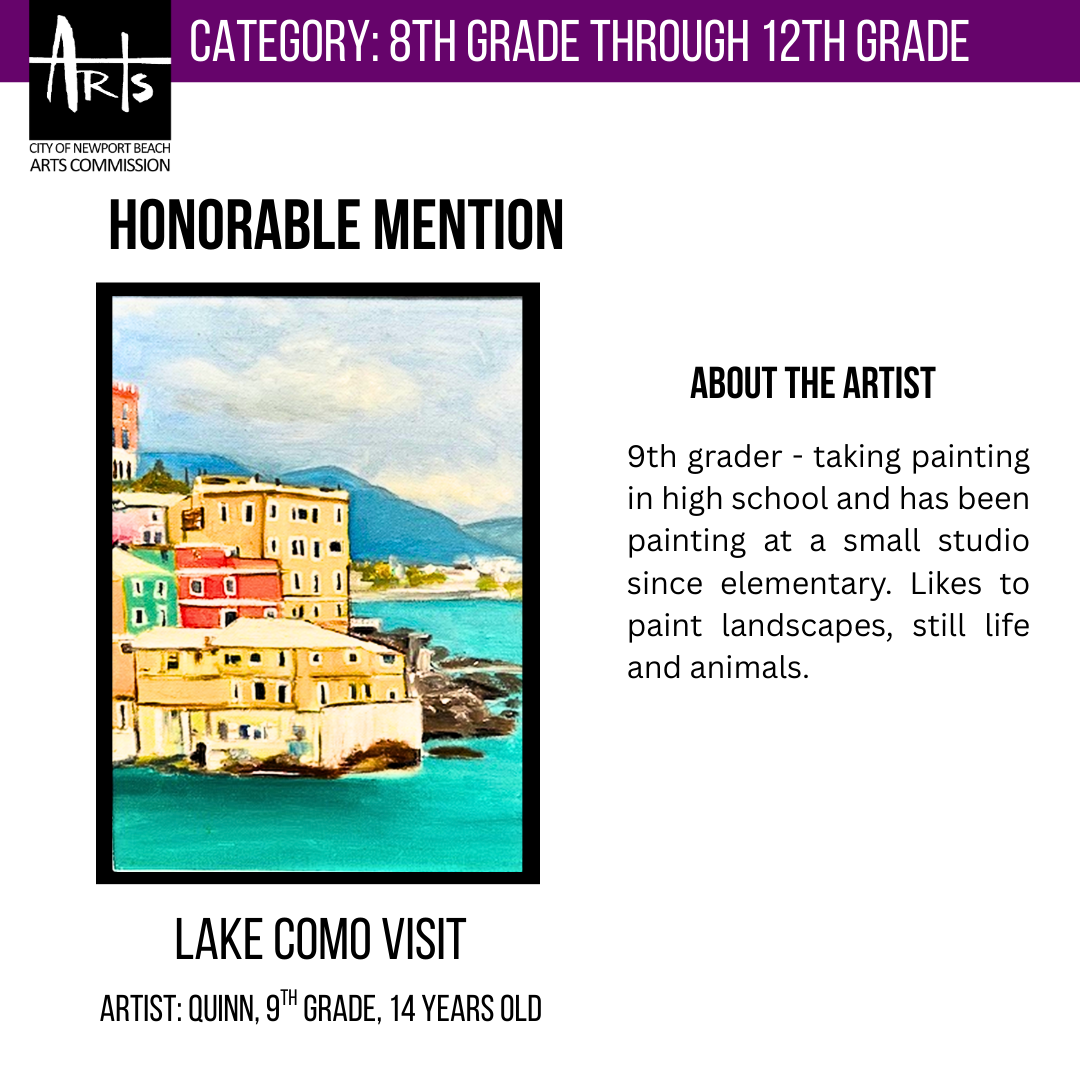 Deatiled painting of a seaside landscape with colorful buildings.