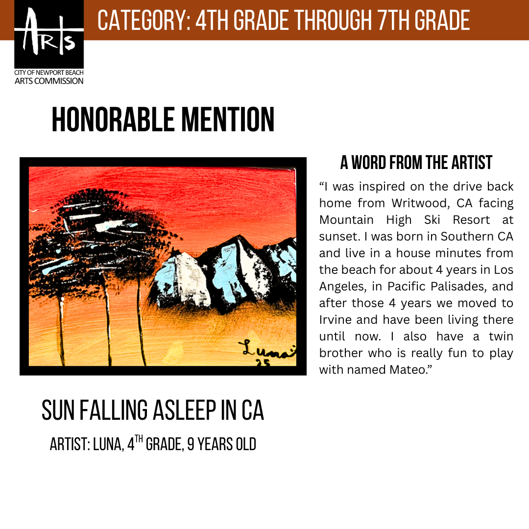 An abstract painting of mountains and three trees with a vibrant red and orange sunset in the background.