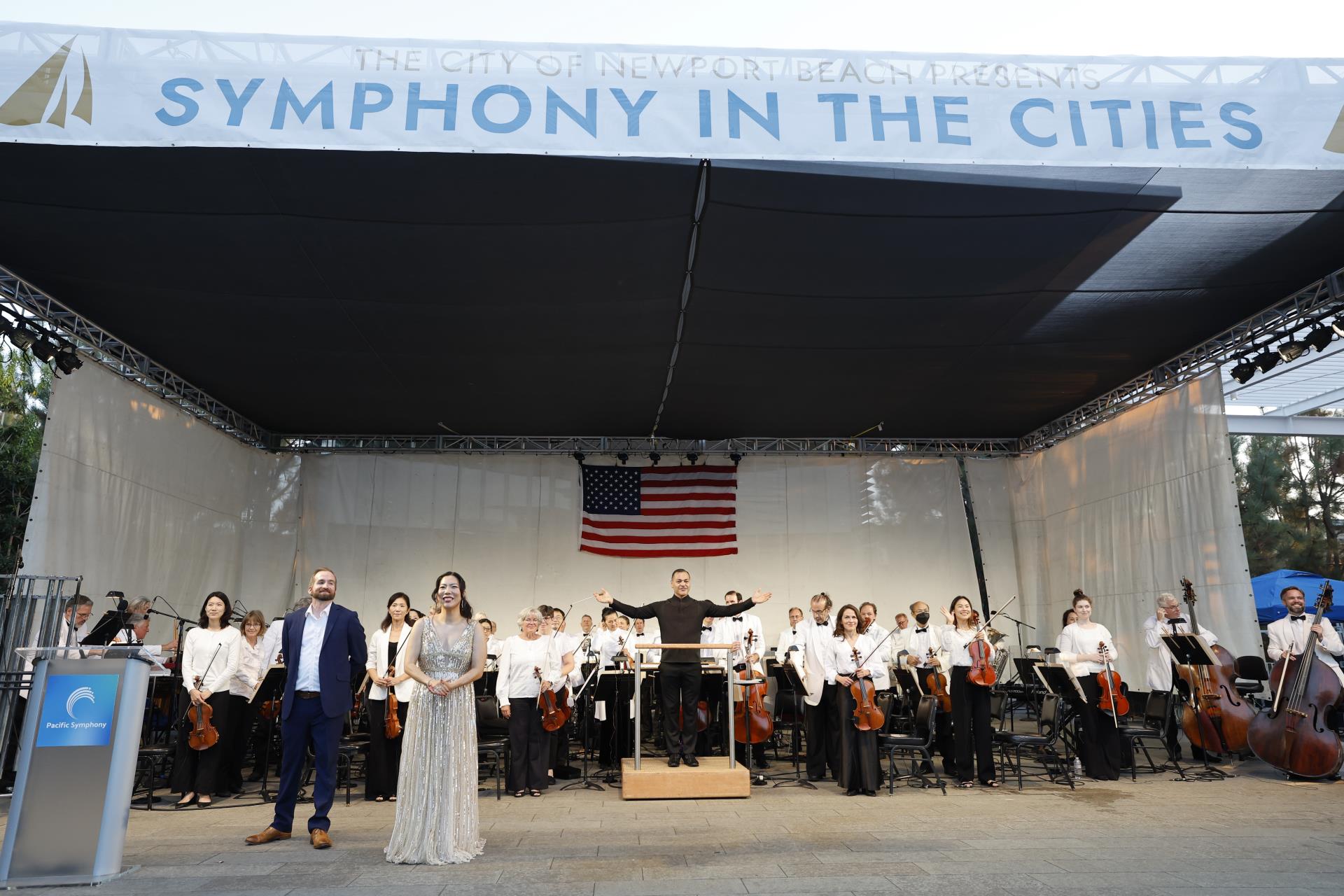 A photo of the Pacific Symphony orchestra on stage for the 2025 Summer Concerts on the Green.